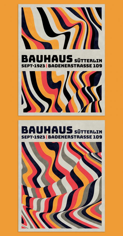 Bauhaus Poster Design Layout with Distorted Lines Pattern Background - 466800498