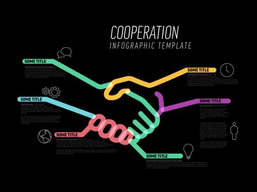 Dark Infographic Cooperation Template Made from Lines and Icons with Handshake - 467009786