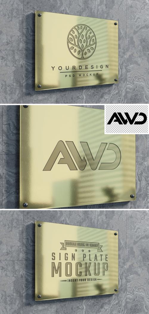 Sign Plate on Wall with Gold Reflection Mockup - 467446822