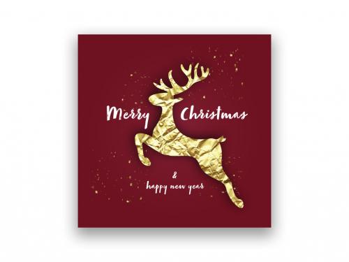 Minimalist Red Christmas Card with Gold Reindeer Design - 467447145