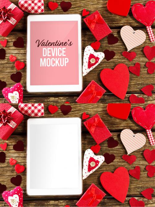 Valentines Device Surrounded by Decorations Mockup - 468032208