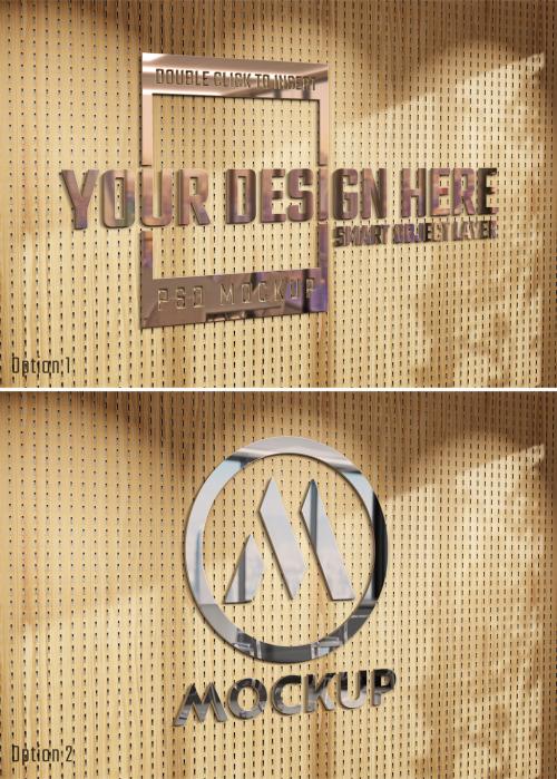 Logo Mockup with 3D Glossy Effect on Sunlit Wooden Wall - 468263447