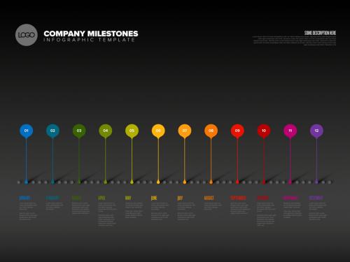 Infographic Full Year Timeline Layout Made from Color Droplet Pointers on Dark Background - 468676467