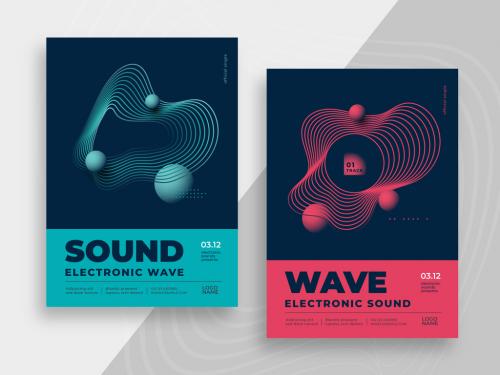 Sound Wave Music Posters Layout with Blue and Red Accent - 469582549