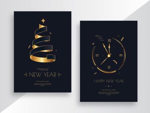 New Year Invitation Cards with Golden Tree and Clock - 469582550