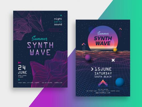 Summer Synth Wave Music Posters Layout with Neon Colors - 469582556