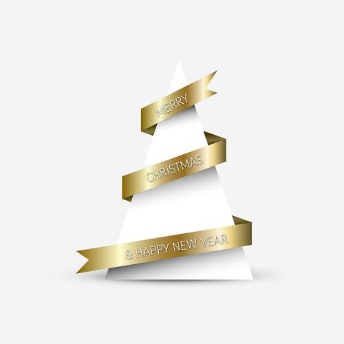 Simple Card with Christmas Tree Made from Paper Triangle and Golden Stripe Ribbon - 469801511