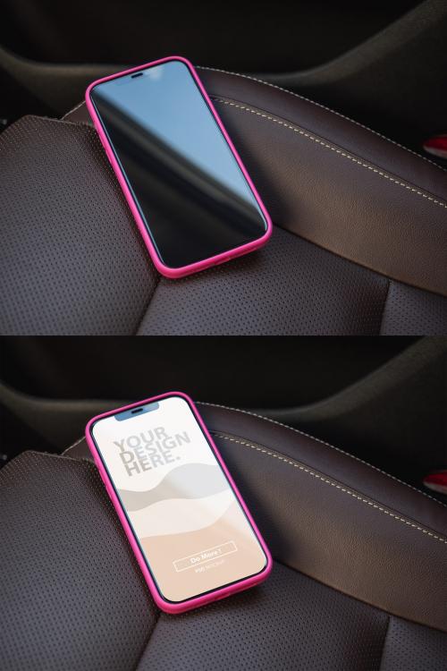 Smartphone Mockup in Pink Phone Case in Modern Car Vehicle Interior - 470735625