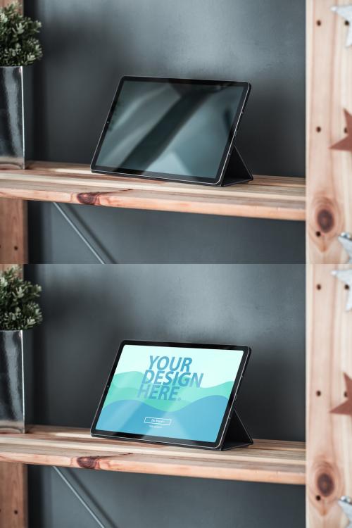 Tablet Computer Mockup with Keyboard on Wooden Shelf - 470735626