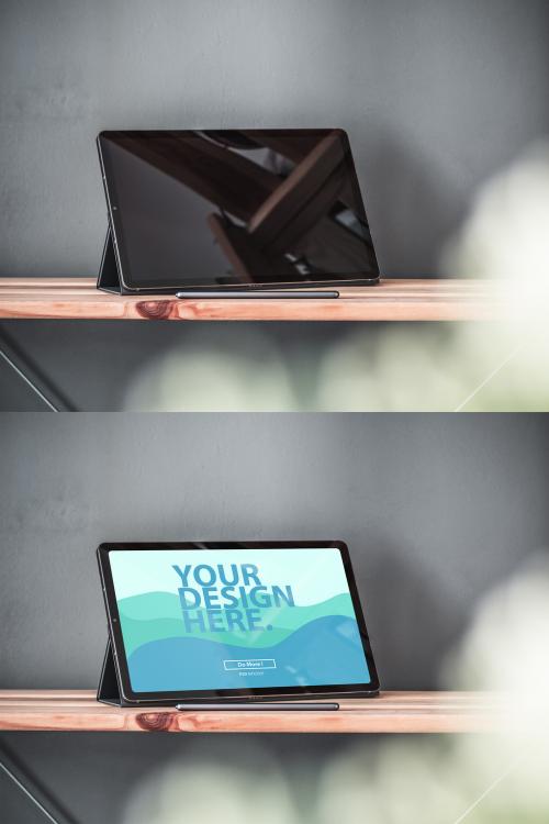 Tablet Mockup with Keyboard and Digital Pencil on Wooden Shelf - 470735627