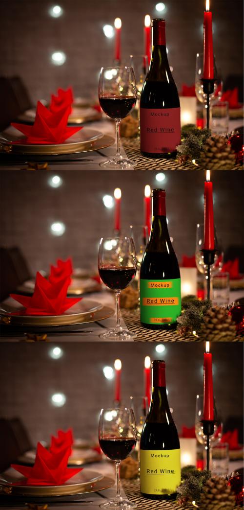 Customizable Red Wine Bottle on a Christmas Table - 470948140