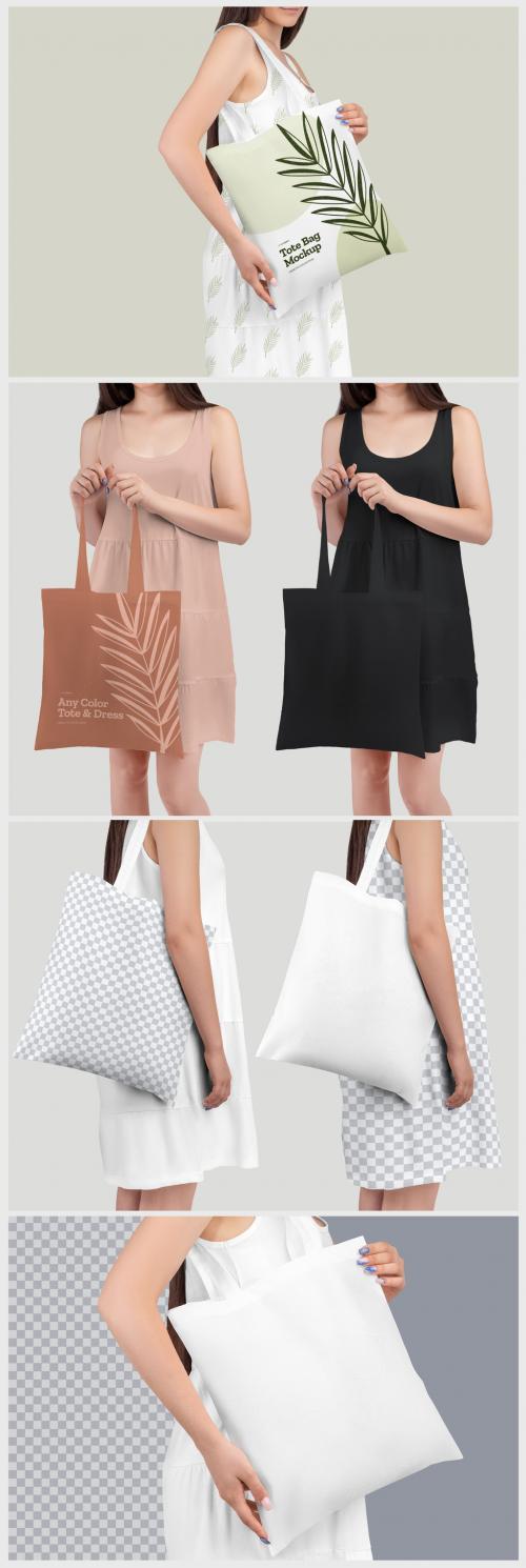 3 Shopping Tote Bag Mockups in the Hands of a Girl - 470948457