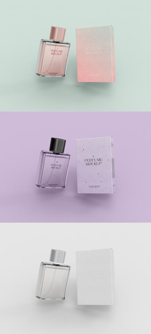 3D Perfume Glass Bottle and Paper Box Mockup - 470948597