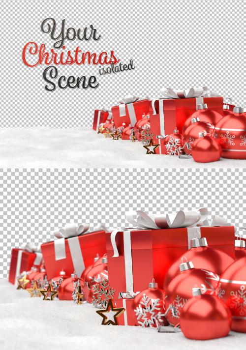 Christmas Baubles and Decorations on Snow Isolated Mockup - 470948764