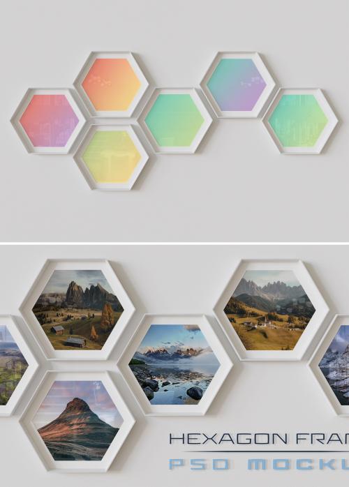 White Hexagon Photo Frames Mockup Hanging on Wall - 470949003