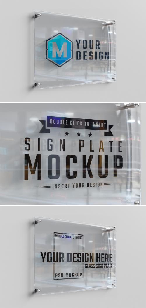 Glass Sign Plate on White Wall Mockup - 470949007
