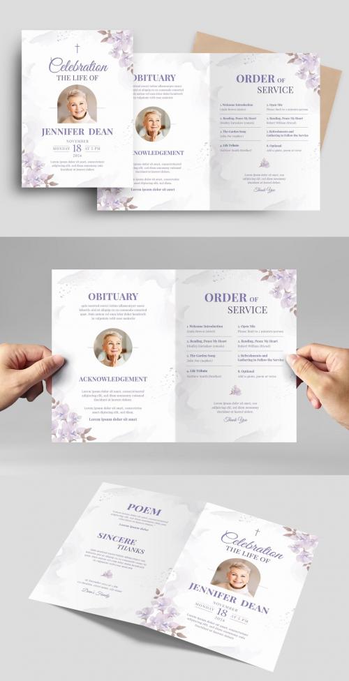 Funeral Program Memorial Service Obituary Layout with Purple Watercolor Floral Flowers - 472301370