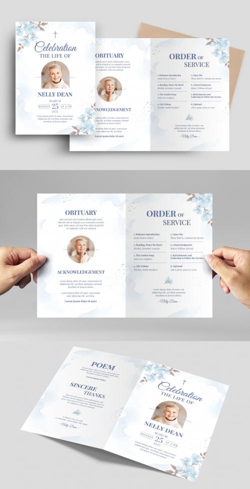 Funeral Program Memorial Service Obituary Layout with Blue Watercolor Floral Flowers - 472301438