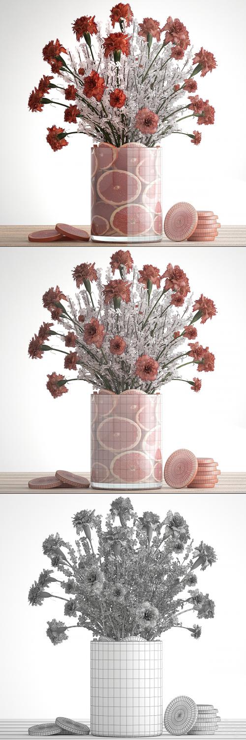 A bouquet of flowers 64. Carnations, sakura, branches, flowers, decor from grapefruit slices, citrus