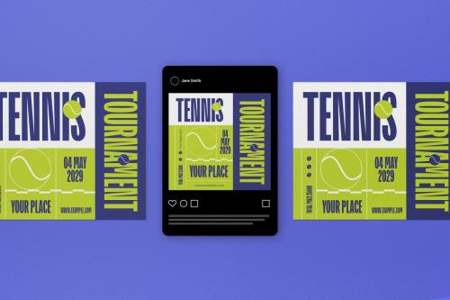 Yellow Flat Design Tennis Tournament Flyer Set
