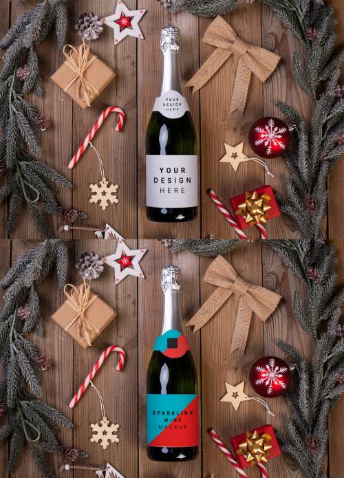Champagne Bottle Flat Lay on a Wooden Table with Christmas Decoration - 472896066