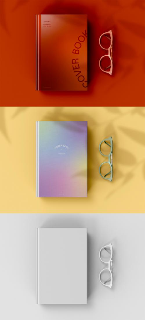 3D Top View of Hardcover Book Mockup with Glasses - 473404674