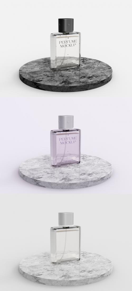 3D Perfume Glass Bottle Mockup on Marble Surface - 473406694