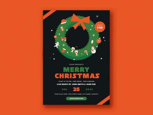 Black Christmas Party Flyer with Wreath Illustration - 473613563