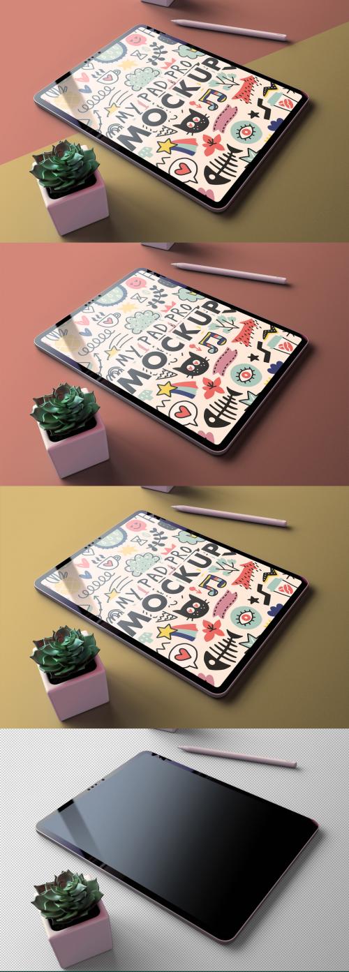 My Pad Pro Tablet Mockup on a Changeable Background with Separated Succulent Flower - 473801602