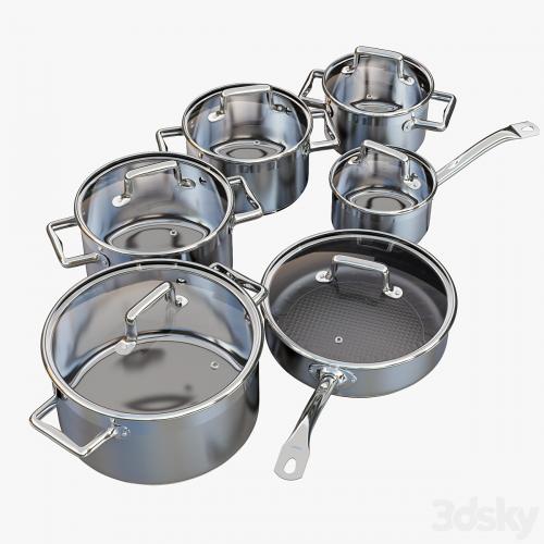 A set of stainless steel saucepans. Queen Ruby Company