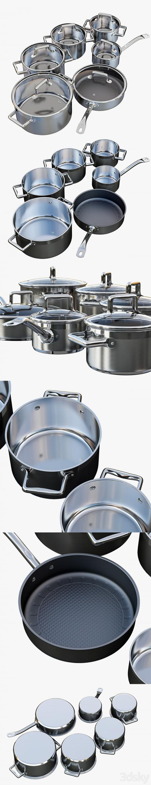 A set of stainless steel saucepans. Queen Ruby Company