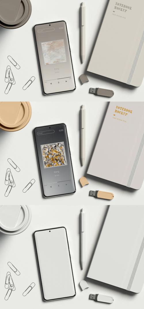 Top View of Smartphone with Office Items Mockup - 473849024