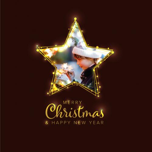 Merry Christmas Card with Golden Lights Star Family Photo Placeholder - 474105833