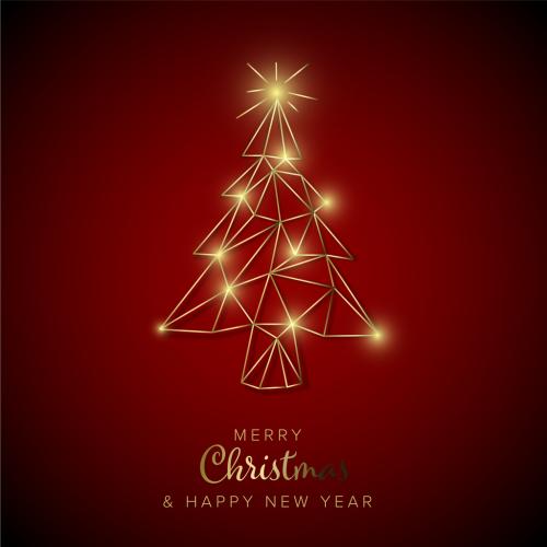 Minimalist Modern Christmas Card with Tree Made from Golden Wires - 474105835