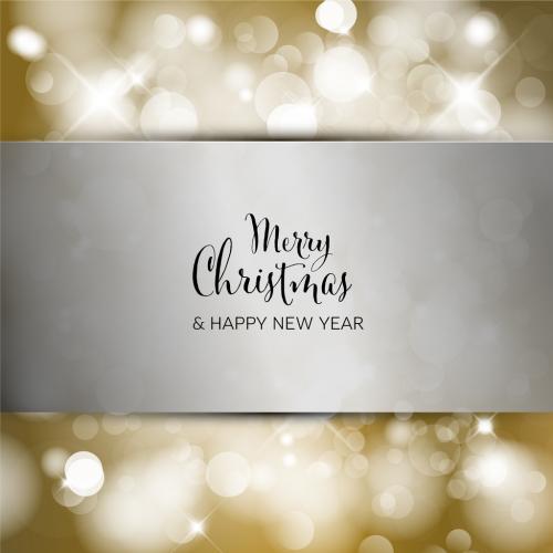 Christmas Card on Silver Stripe and Blurred Golden Background - 474105870