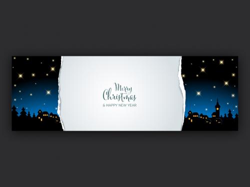 Christmas Banner Social Media Header Layout with Night Village Landscape - 475407676