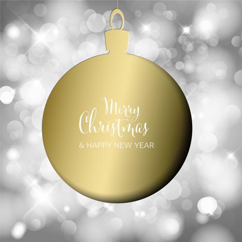 Christmas Card on Golden Bauble Decoration Silhouette and Blurred Background - 475407677