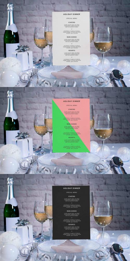 Cardboard Restaurant Menu on a Plate of Festive White Holiday Table - 475601196