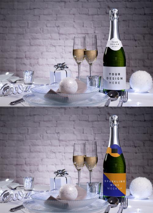 Champagne Bottle on a Festive White Holiday Restaurant Table - 475601198