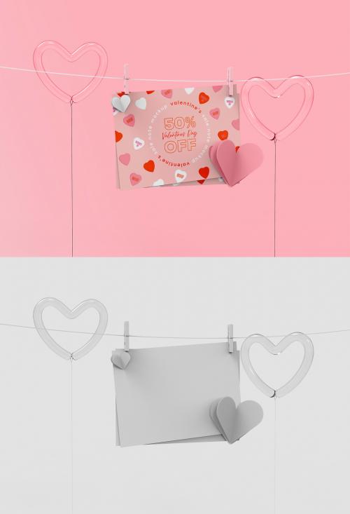 3D Valentine's Day Hanging Note Mockup with Balloons - 476113950