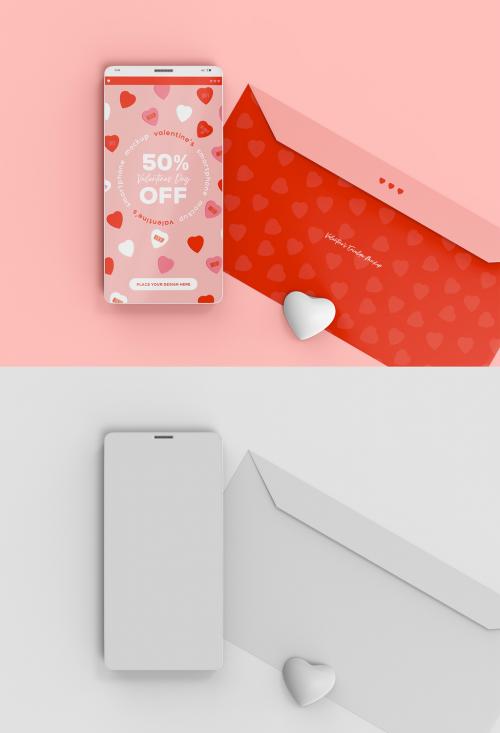 3D Valentine's Day Smartphone with Postcard Mockup - 476113959