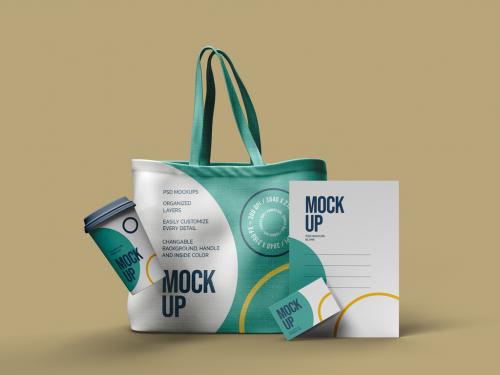 Canvas Bag Business Card Paper Cup and Letterhead Mockup Design - 477202971
