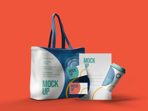 Canvas Bag Business Cards Paper Cup and Letterhead Mockup Design - 477202988