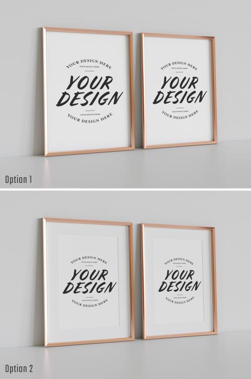 Two Golden Frames Leaning on White Wall Mockup - 478874082