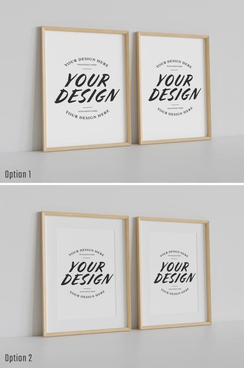 Two Wooden Frames Leaning on White Wall Mockup - 478874084