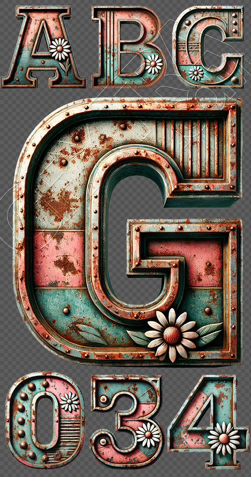 Steampunk Rusty Pink Metal Daisy Alphabets 36xPNG