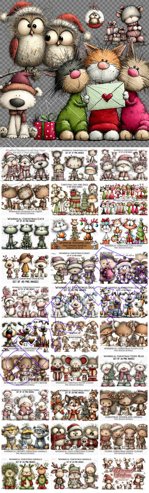 Whimsical Christmas Animal Cliparts Bundle PNG 31 Sets
