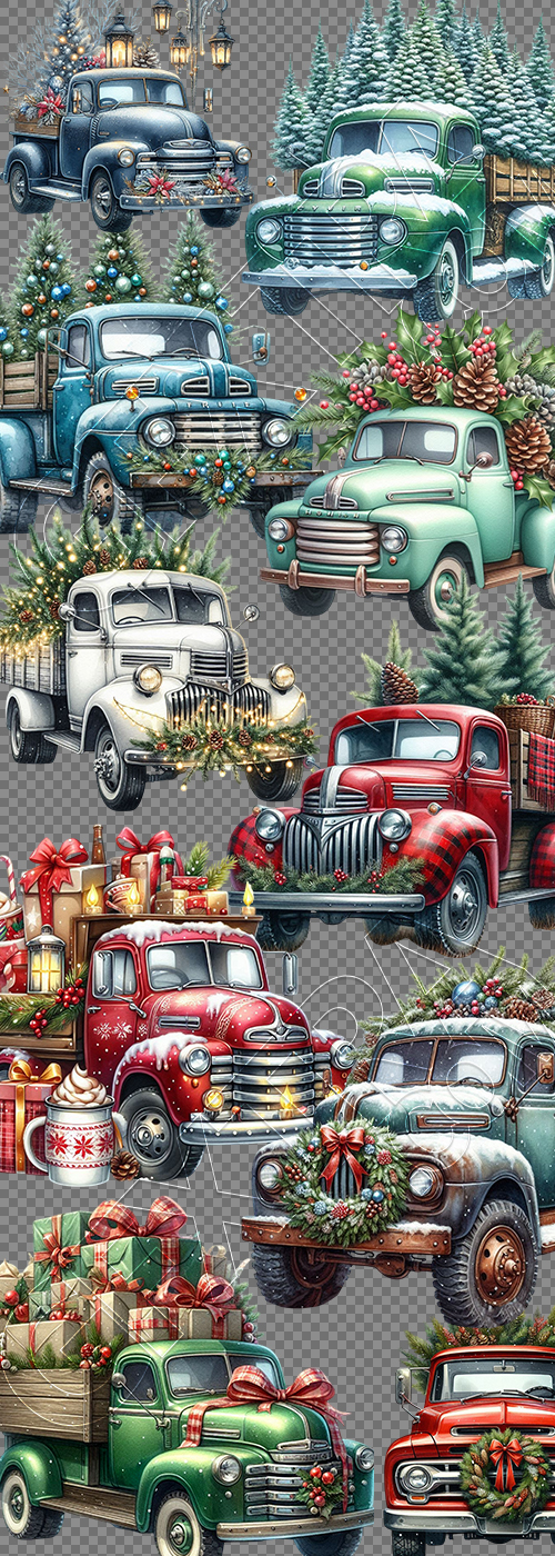 Vintage Truck Illustrations Carrying Christmas Trees 58xPNG
