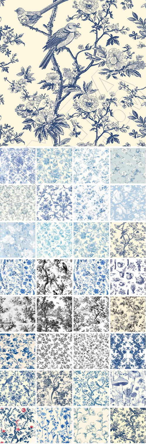 Toile De Jouy Print Design - Vintage Seamless Patterns #1, 37xEPS