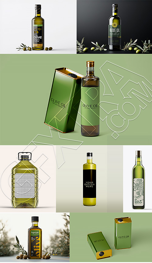 Olive Oil Packing, Canister & Bottle Mockups 12xPSDT